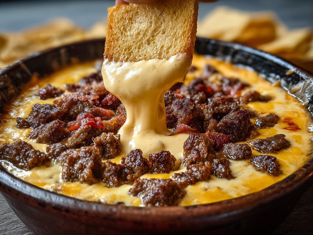 Une tranche de pain trempée dans une trempette queso au bœuf chaude et crémeuse, garnie de viande hachée.