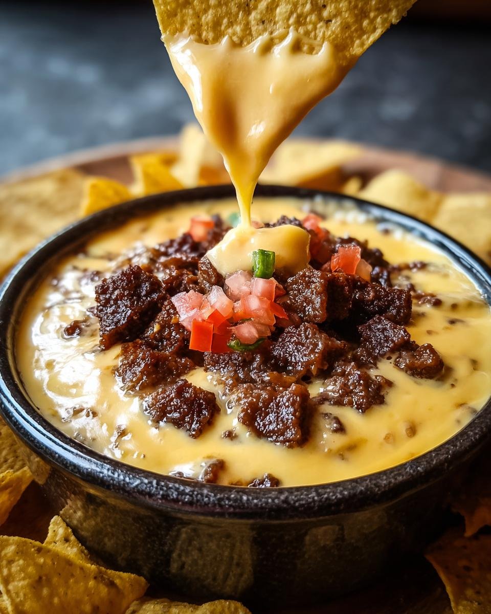 Une tortilla chip trempée dans une trempette queso au bœuf chaude et crémeuse, garnie de bœuf haché et de tomates.