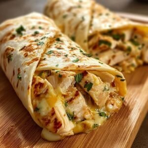 Gros plan sur des wraps au poulet, fromage et ail, garniture généreuse de poulet et fromage fondant.