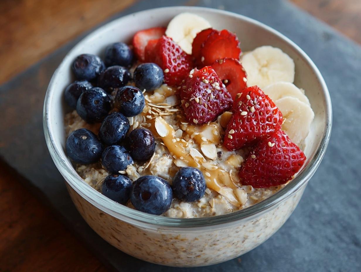 Bol d'avoine du matin haute protéine garni de myrtilles, fraises, bananes et amandes.