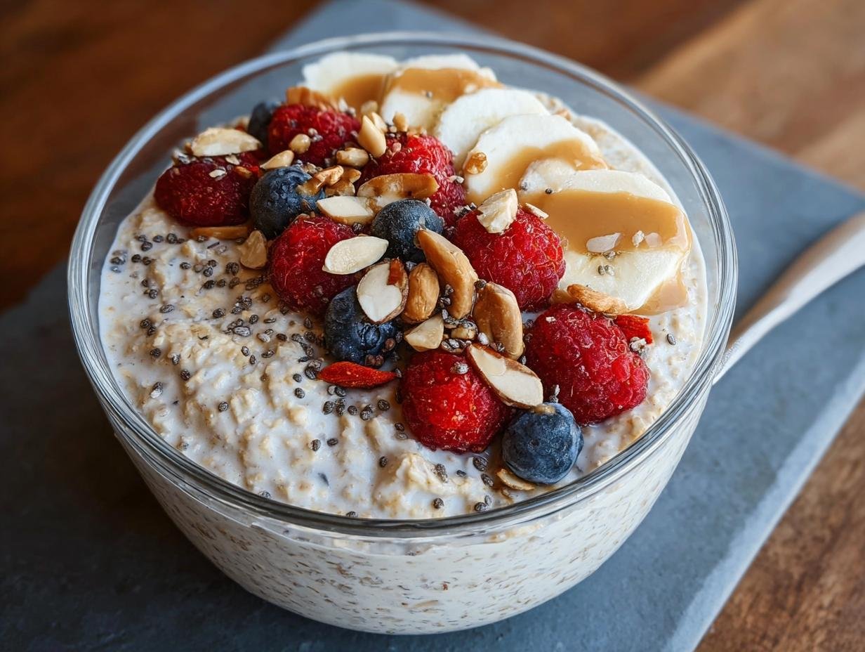 Un bol d'avoine du matin haute protéine garni de framboises, myrtilles, bananes, amandes et sauce caramel.