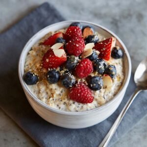 Bol d'avoine du matin haute protéine garni de baies fraîches, d'amandes effilées et de graines.