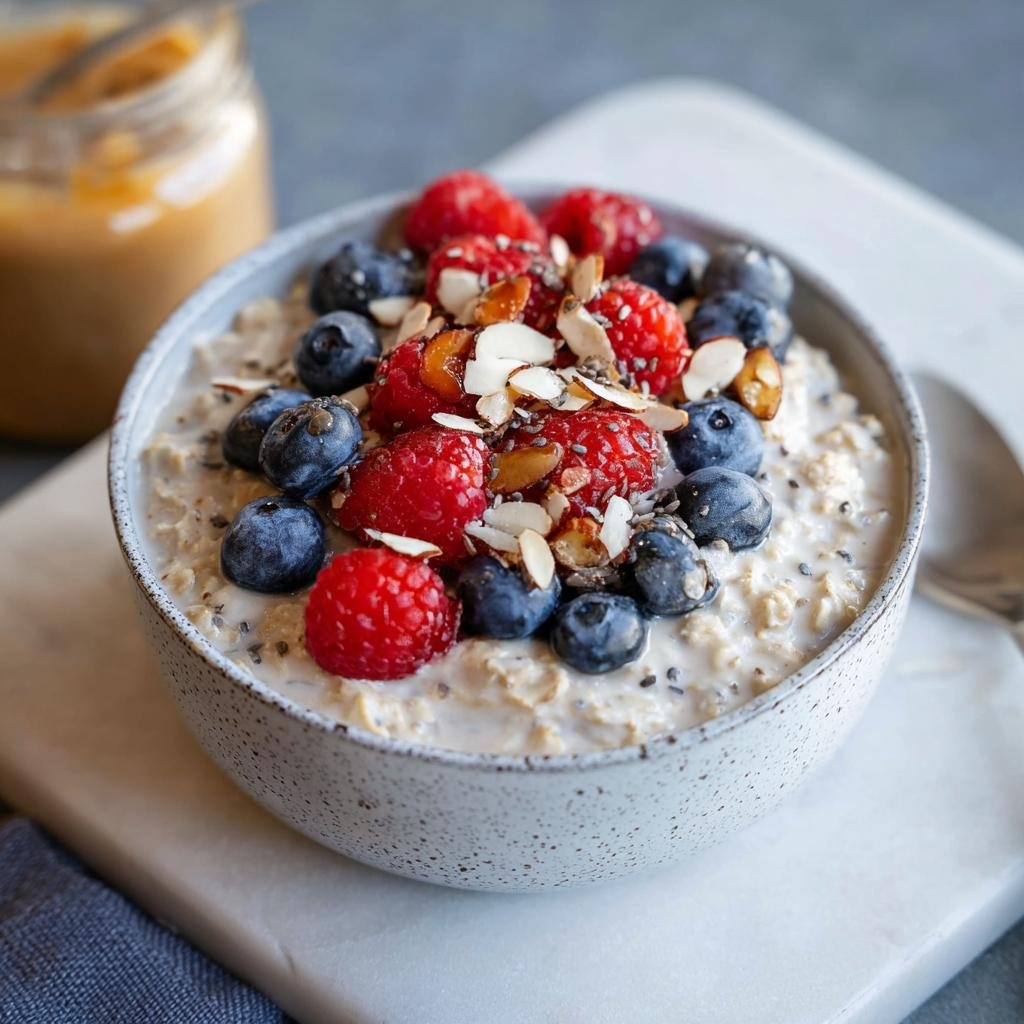 Bol d'avoine du matin haute protéine garni de framboises, myrtilles, amandes effilées et graines de chia.