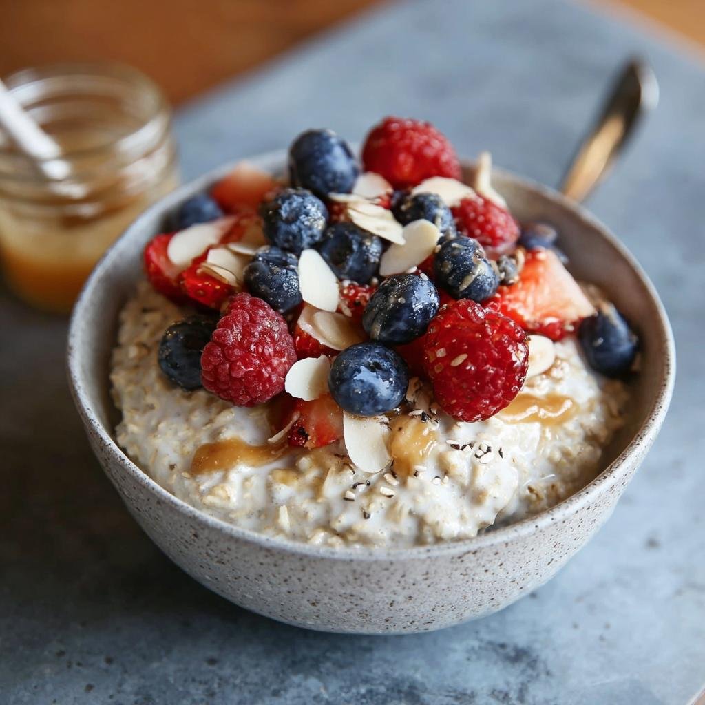 Bol d'avoine du matin haute protéine garni de framboises, myrtilles, fraises, amandes effilées et un filet de miel.