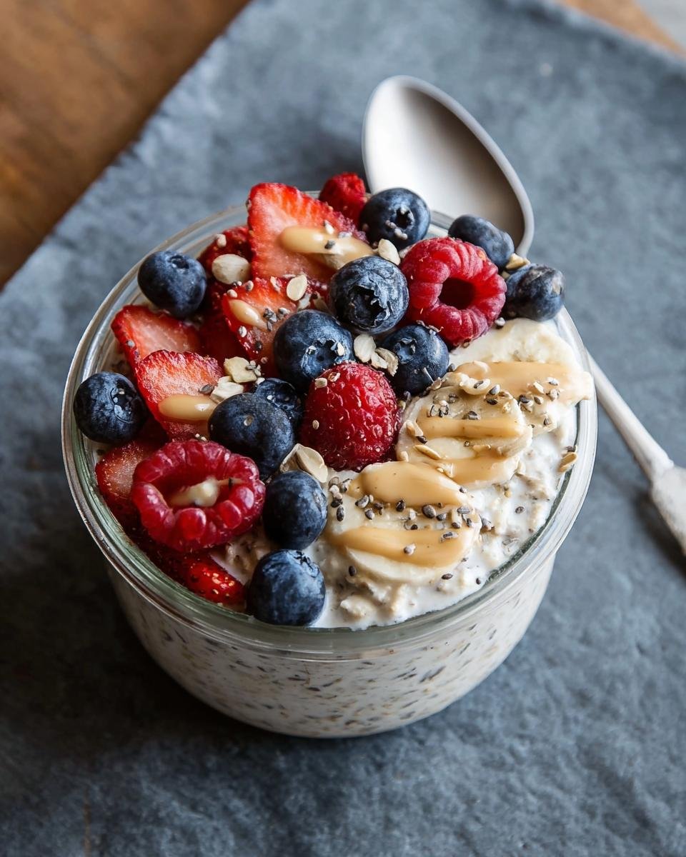 Un bol d'avoine du matin haute protéine garni de fraises, myrtilles, framboises, bananes, beurre de cacahuète et graines de chia.