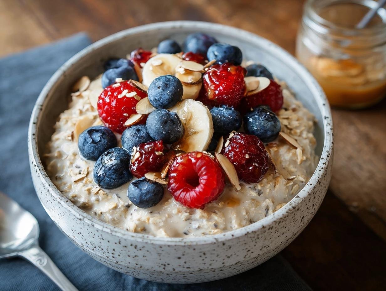 Un bol d'avoine du matin haute protéine garni de framboises, myrtilles, rondelles de banane et amandes effilées.