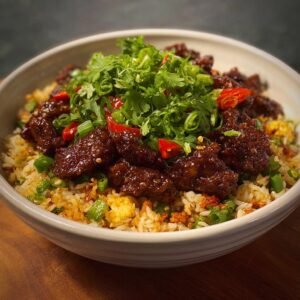 Un bol de Boeuf Chilli Croquant servi sur du riz frit, garni de coriandre fraîche et de piment rouge.