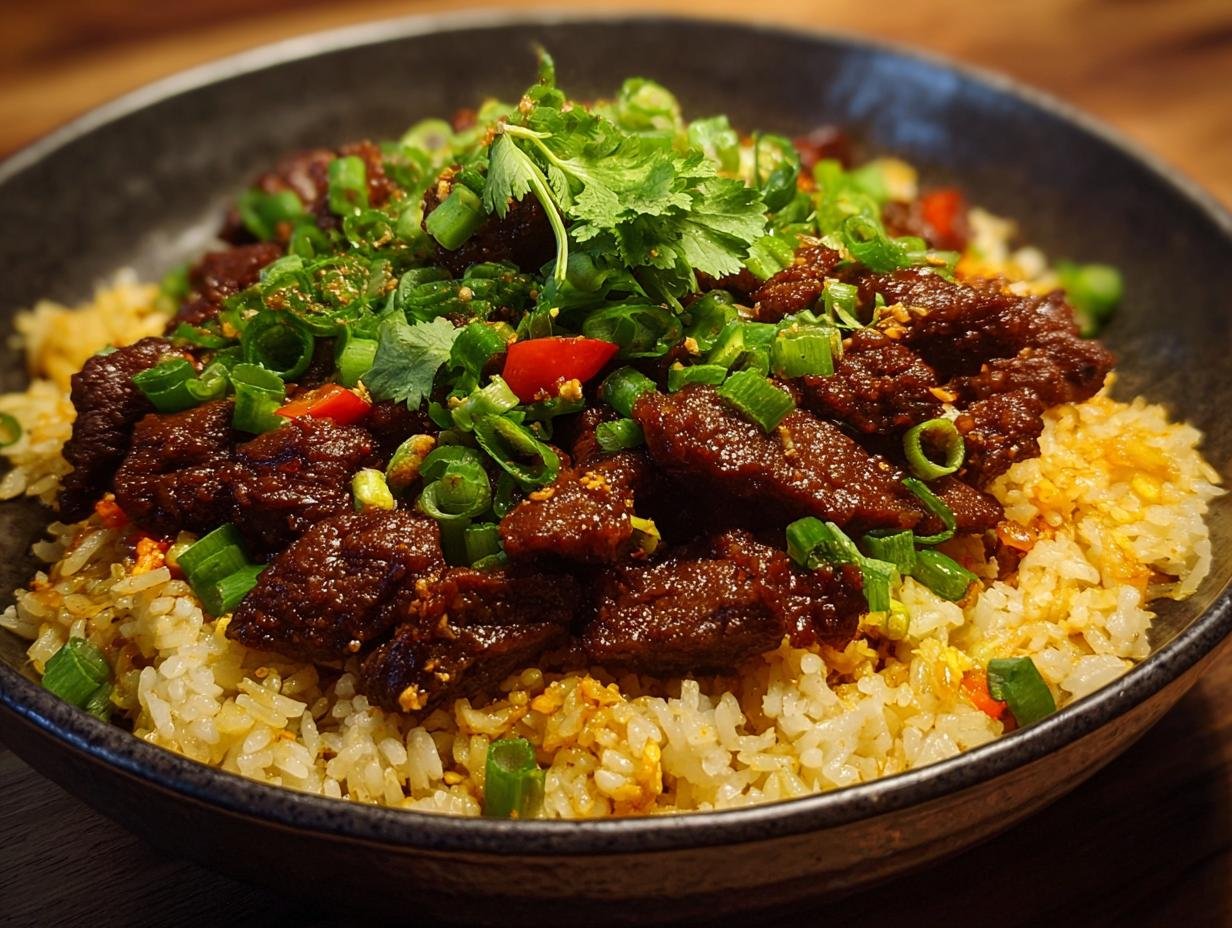 Gros plan d'un plat de Boeuf Chilli Croquant servi sur du riz frit, garni d'oignons verts et de coriandre.