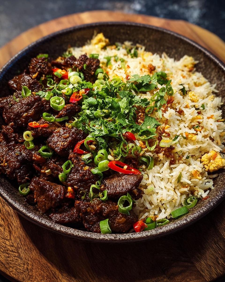 Gros plan de Boeuf Chilli Croquant servi avec du riz frit, garni d'oignons verts et de piments.