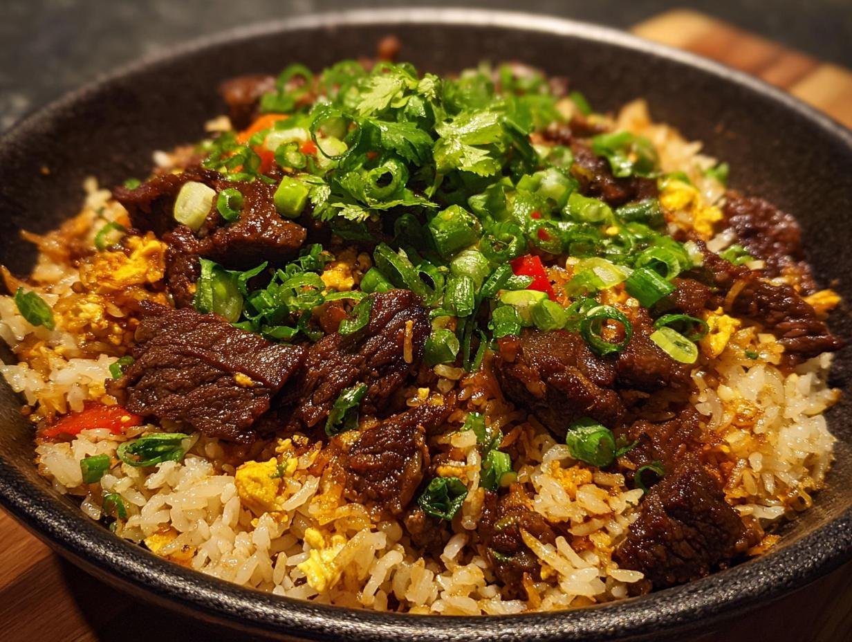 Gros plan d'un plat de Boeuf Chilli Croquant avec Riz Frit, garni de coriandre fraîche et d'oignons verts.