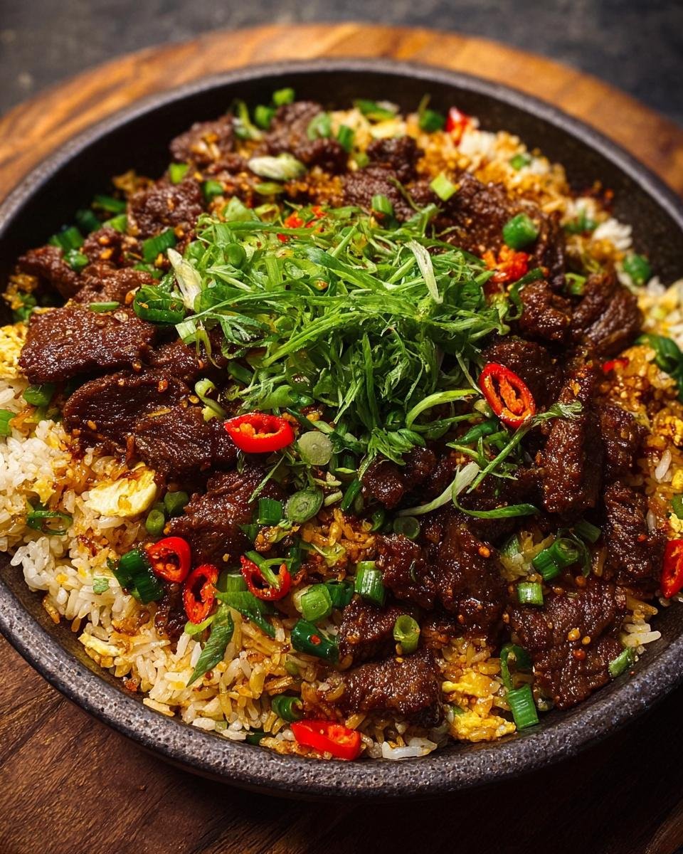 Gros plan d'un plat de Boeuf Chilli Croquant avec Riz Frit, garni de piments rouges et d'oignons verts.