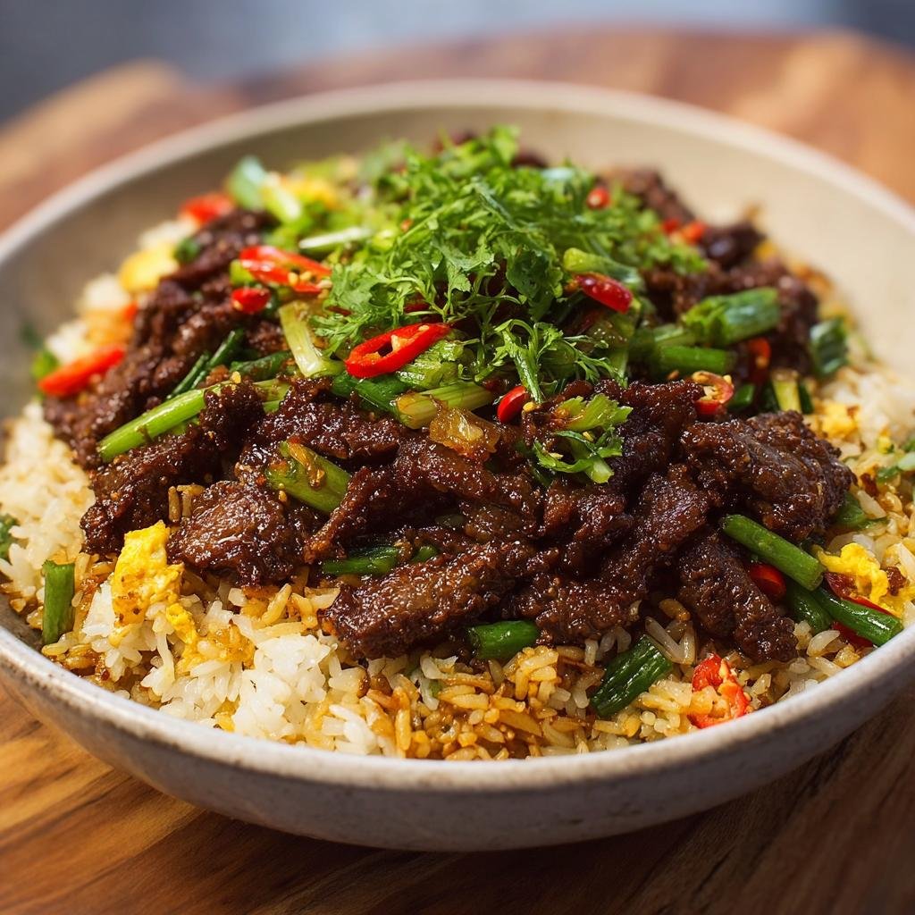 Gros plan d'un plat de Boeuf Chilli Croquant avec Riz Frit, garni d'oignons verts, de piment et de coriandre.