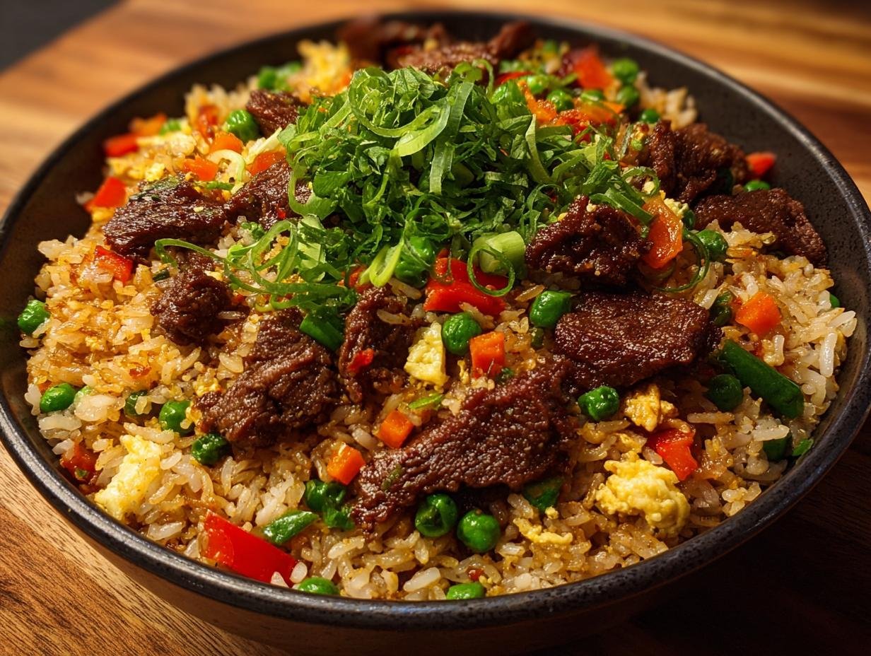 Gros plan d'un bol de Boeuf Chilli Croquant avec Riz Frit, garni d'oignons verts frais.