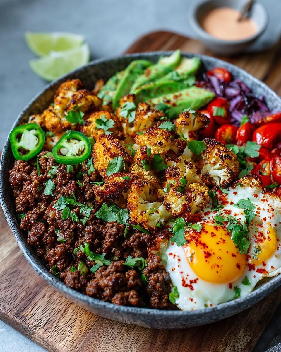 Bol de Bœuf Haché au Chili et Chou-Fleur avec avocat, œufs au plat et jalapeños.
