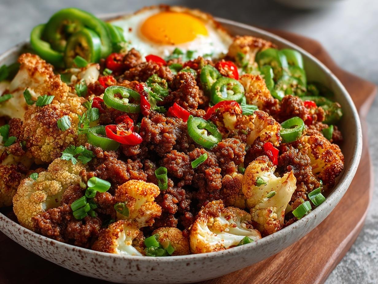 Gros plan d'un bol de Bœuf Haché au Chili et Chou-Fleur, garni d'un œuf au plat et de piments.