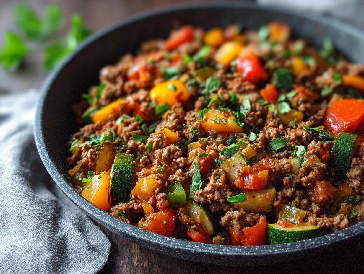 Gros plan d'un plat de bœuf haché aux légumes colorés, prêt pour le meal prep.