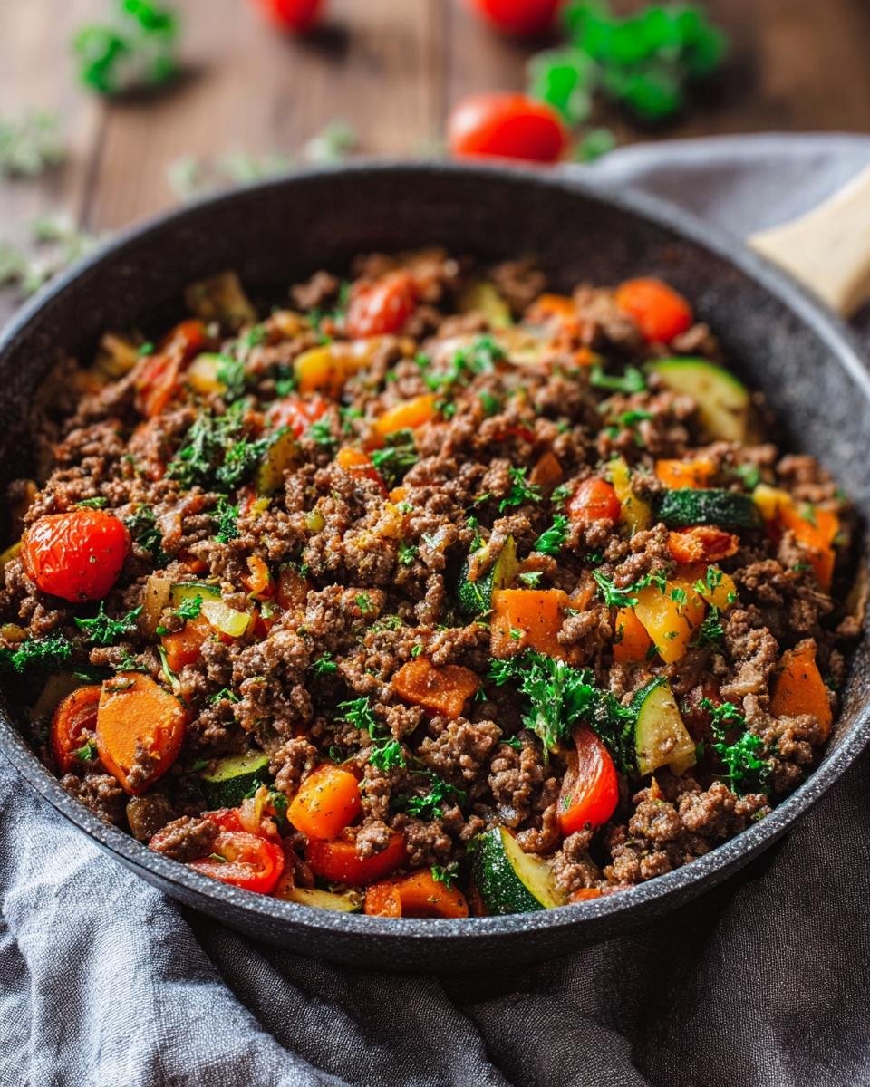 Poêle remplie de bœuf haché aux légumes, carottes, courgettes et tomates, garnie de persil.