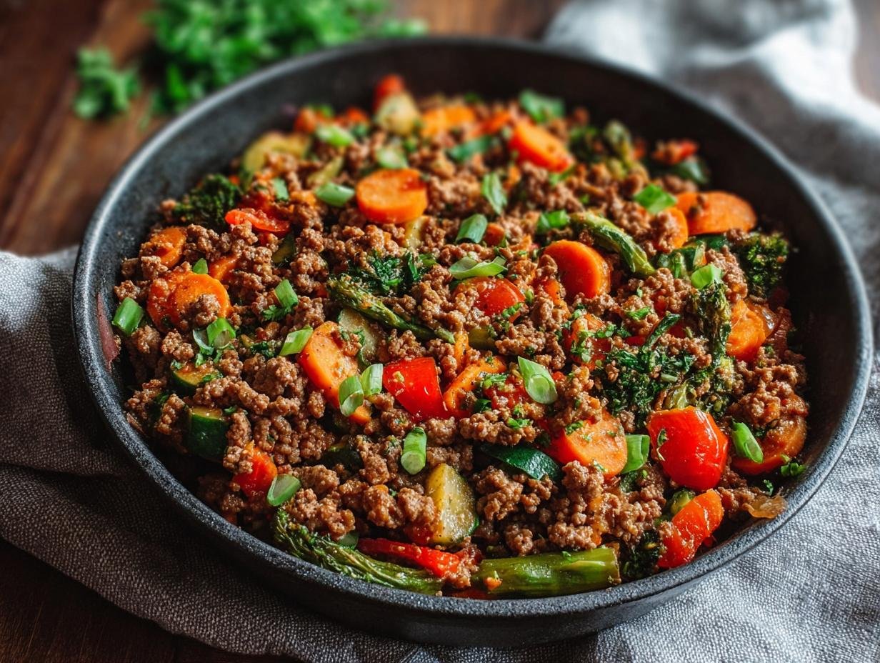 Plat de bœuf haché aux légumes colorés, idéal pour le meal prep.