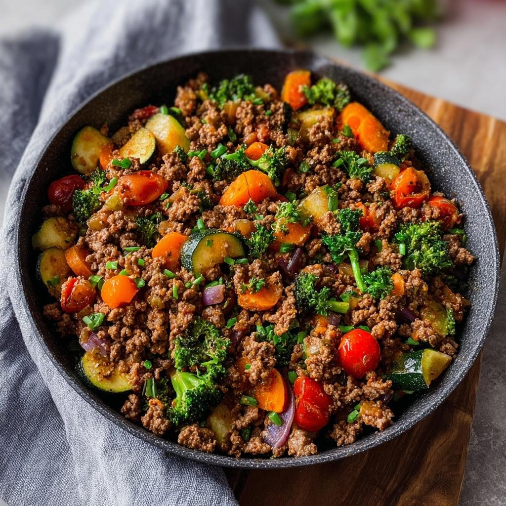Plat de bœuf haché aux légumes colorés, parfait pour le meal prep.