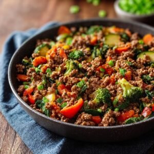Gros plan d'une poêle remplie de bœuf haché aux légumes colorés, parfait pour le meal prep.