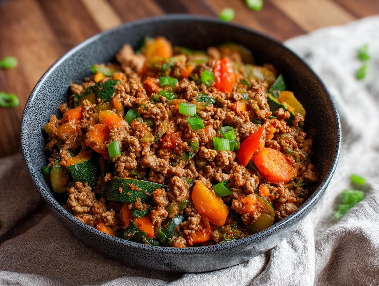 Bol de bœuf haché aux légumes colorés, parfait pour le meal prep.