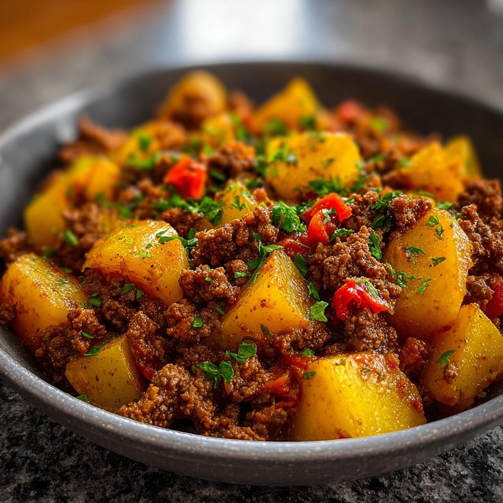 Gros plan d'un plat de boeuf haché protéiné et de pommes de terre coupées en dés, garni de persil frais.