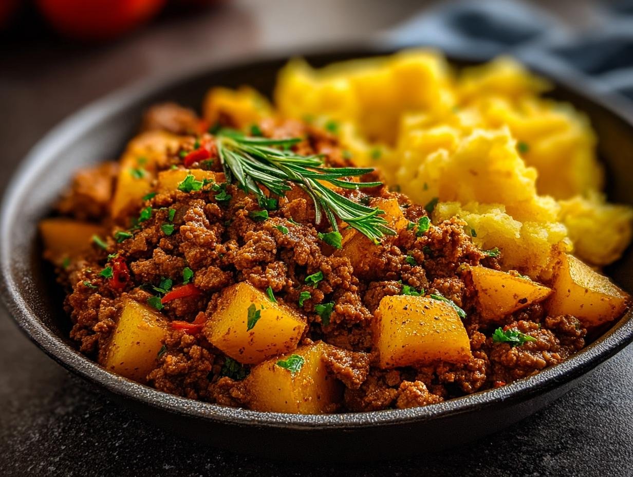 Plat de Boeuf Haché Protéiné et pommes de terre, garni de romarin et persil.
