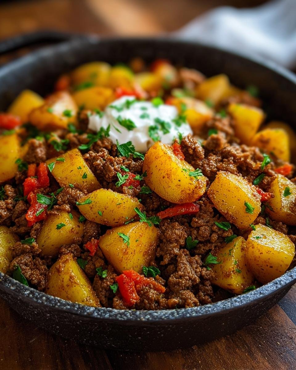 Plat de boeuf haché protéiné et pommes de terre, garni de crème et de persil frais.