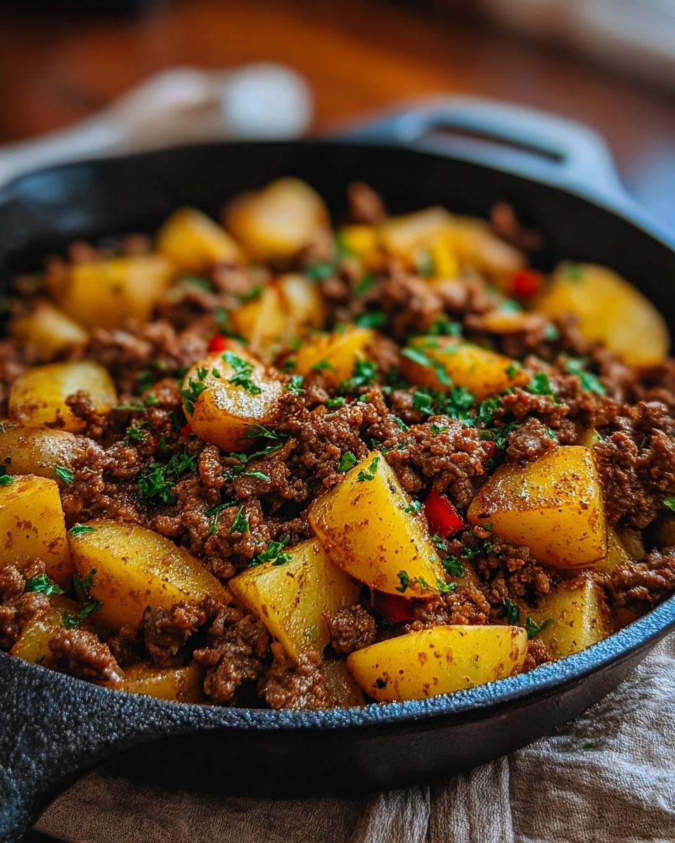 Gros plan d'une poêle en fonte remplie de boeuf haché protéiné et de pommes de terre coupées, garni de persil frais.