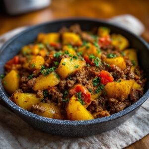 Plat de boeuf haché protéiné avec des morceaux de pommes de terre et des tomates, garni de persil frais.