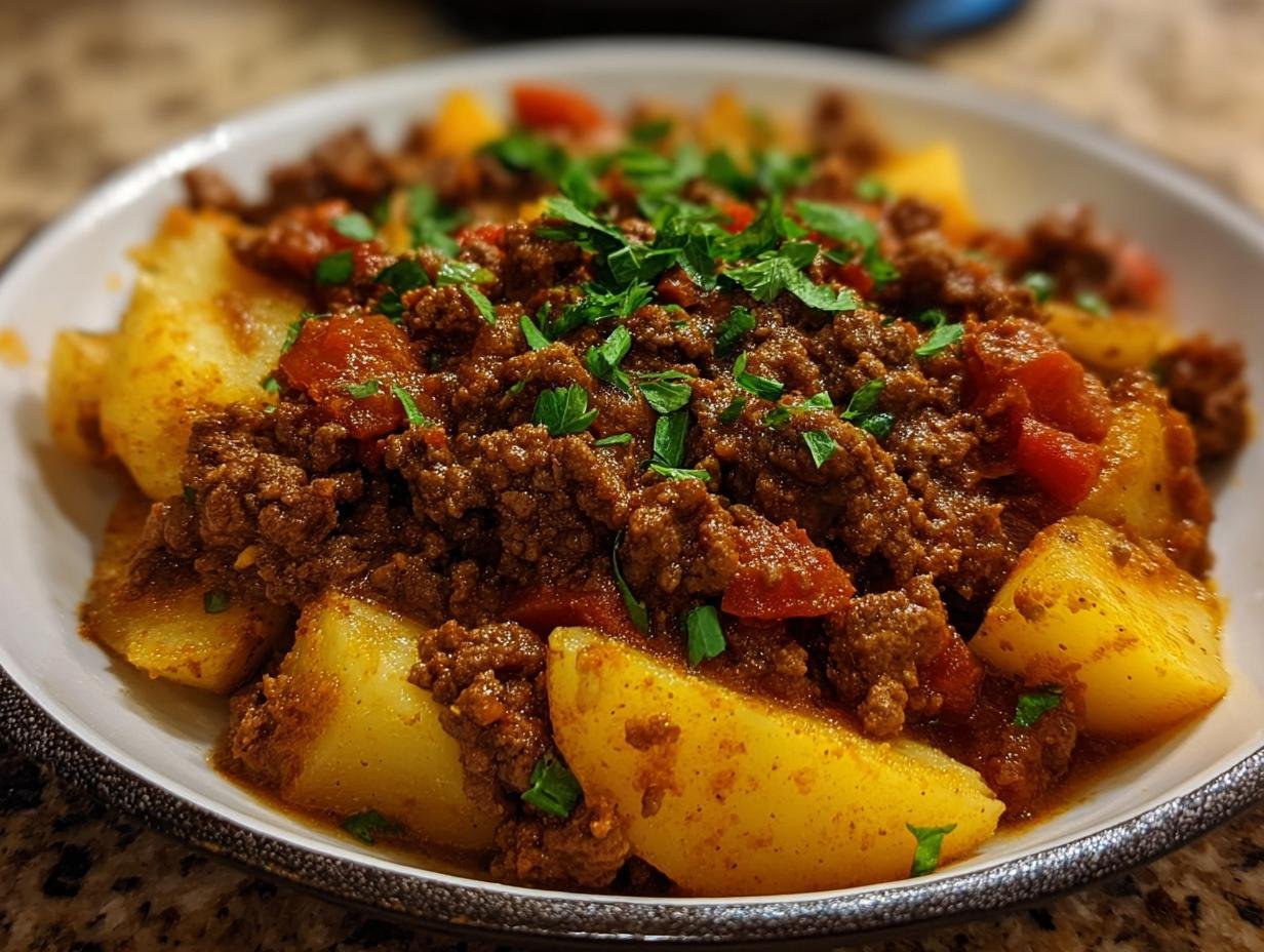 Gros plan d'un plat de boeuf haché protéiné avec des morceaux de pommes de terre, garni de persil frais.