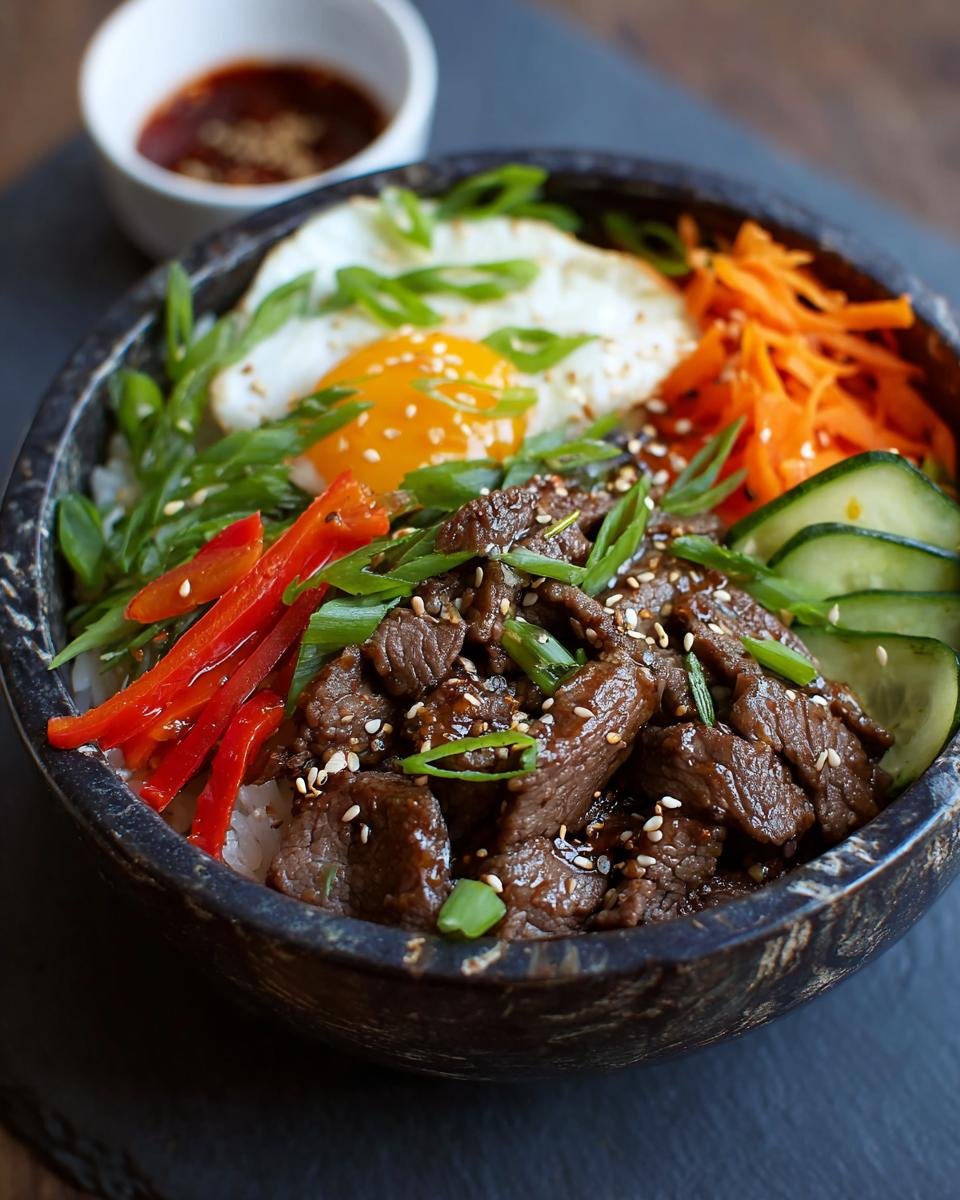 Gros plan d'un Bol de Bœuf Coréen Haute Protéine avec œuf au plat, légumes et sauce.