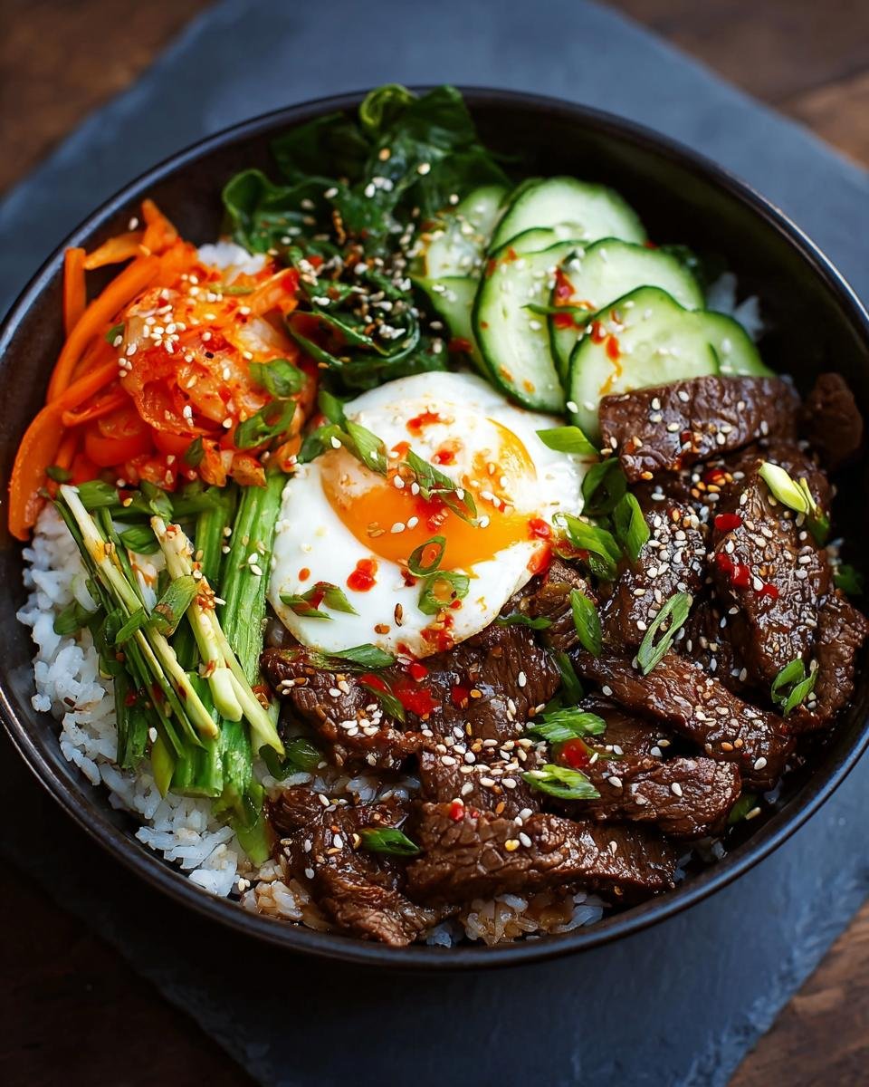 Gros plan d'un Bol de Bœuf Coréen Haute Protéine avec riz, bœuf mariné, œuf au plat et légumes frais.
