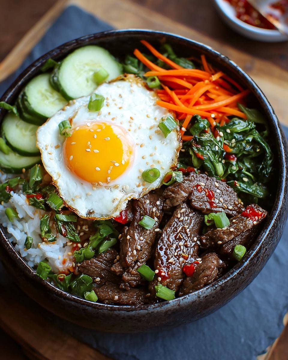 Gros plan d'un Bol de Bœuf Coréen Haute Protéine avec riz, œuf au plat, concombre, carottes et légumes verts.