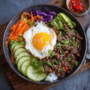 Gros plan d'un Bol de Bœuf Coréen Haute Protéine avec œuf au plat, légumes frais et riz.