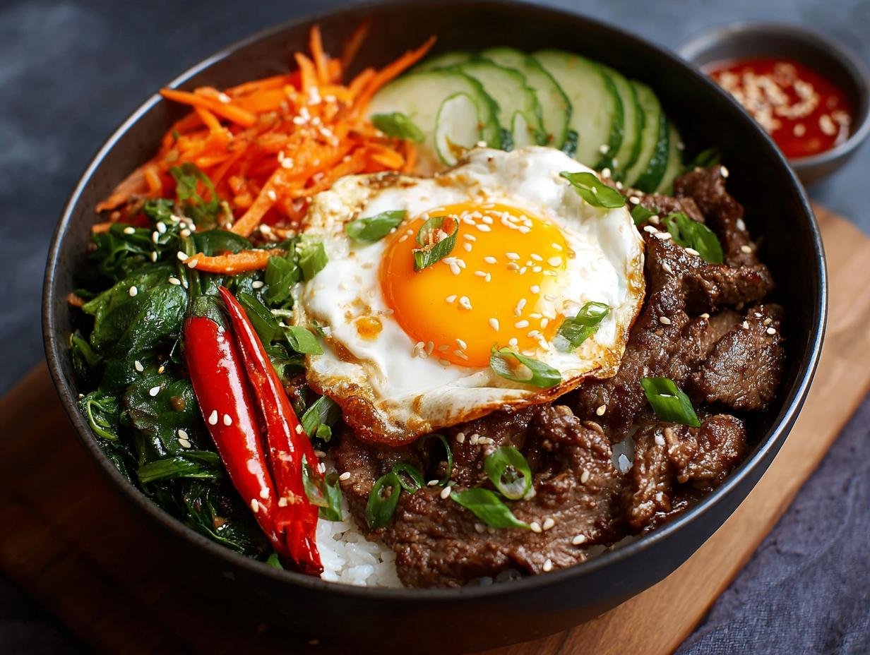 Gros plan d'un Bol de Bœuf Coréen Haute Protéine avec un œuf au plat, bœuf mariné, carottes râpées, concombre et piment.