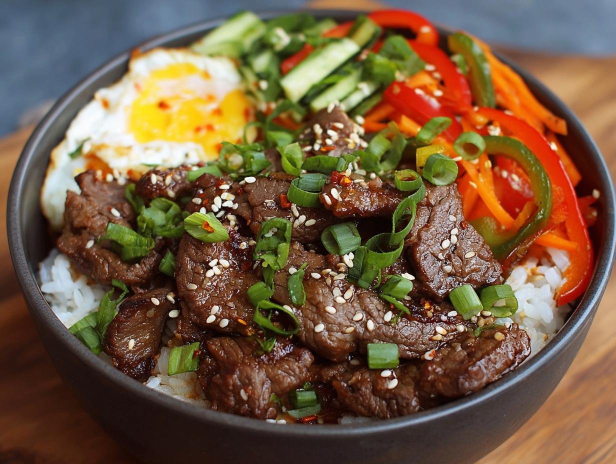 Gros plan d'un Bol de Bœuf Coréen Haute Protéine garni d'un œuf au plat, de légumes croquants et de graines de sésame.