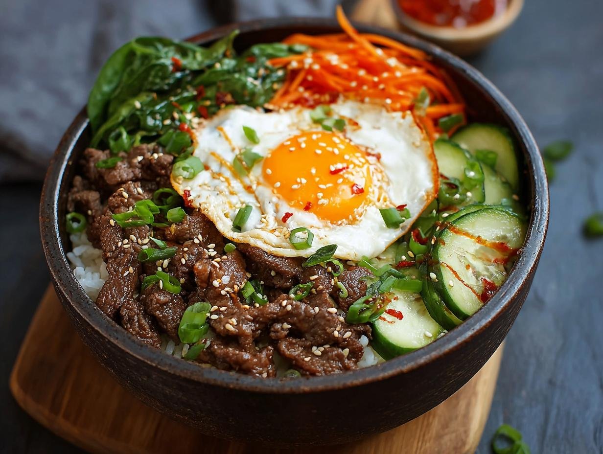 Gros plan d'un Bol de Bœuf Coréen Haute Protéine avec riz, bœuf mariné, œuf au plat, concombre, carottes et épinards.