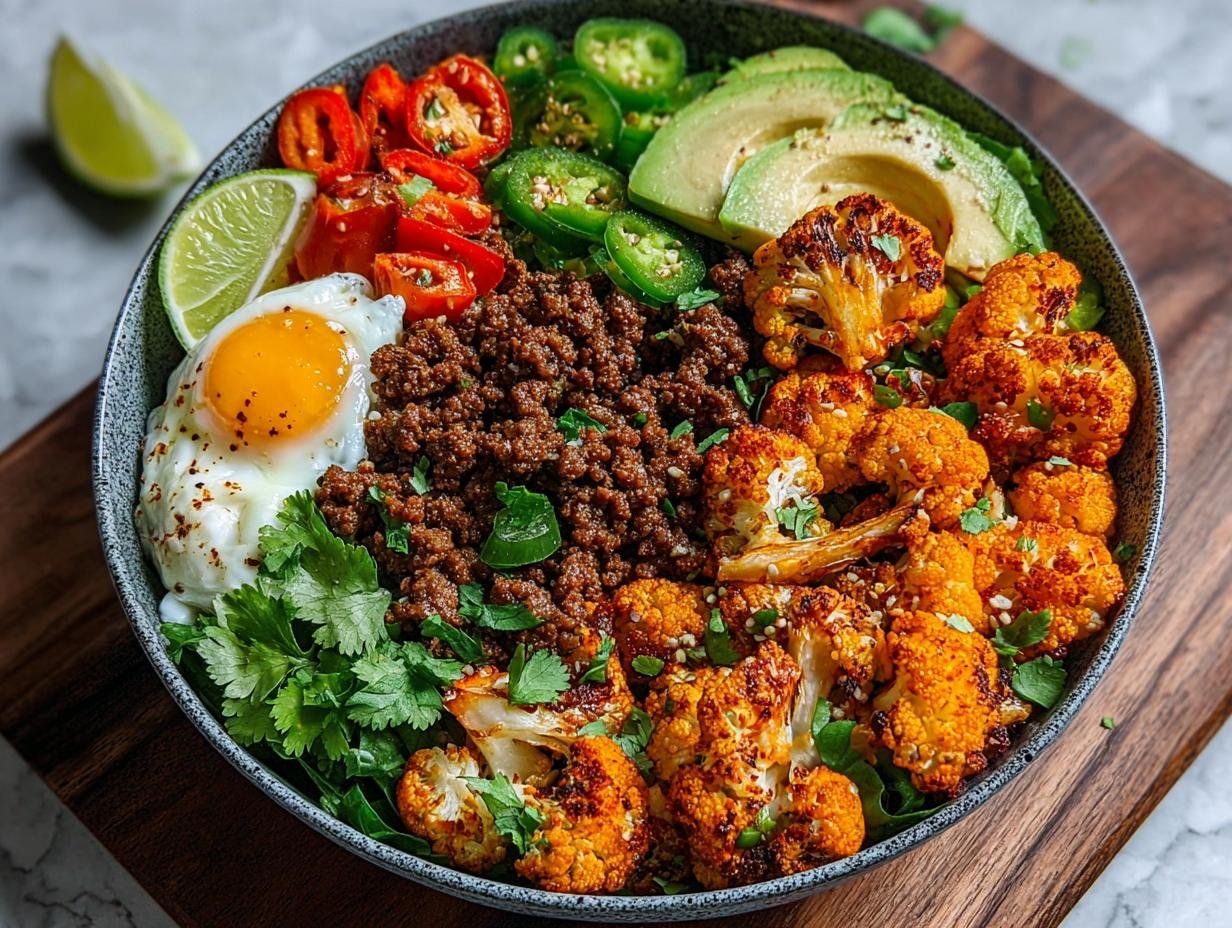 Bol de bœuf haché au chili avec chou-fleur rôti, avocat, œuf au plat, tomates et jalapeños.