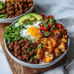 Bol de bœuf haché au chili avec chou-fleur rôti, œuf au plat, avocat et tomates.