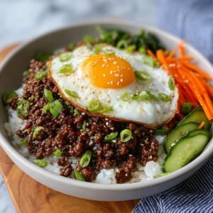 Gros plan d'un bol de Bœuf Haché Coréen sur du riz blanc, garni d'un œuf au plat, de carottes râpées et de concombre.