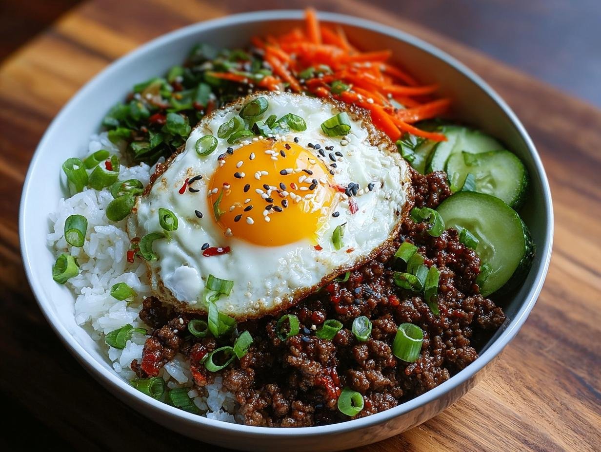 Gros plan d'un bol de Bœuf Haché Coréen garni d'un œuf au plat, de riz, de concombre et de carottes râpées.