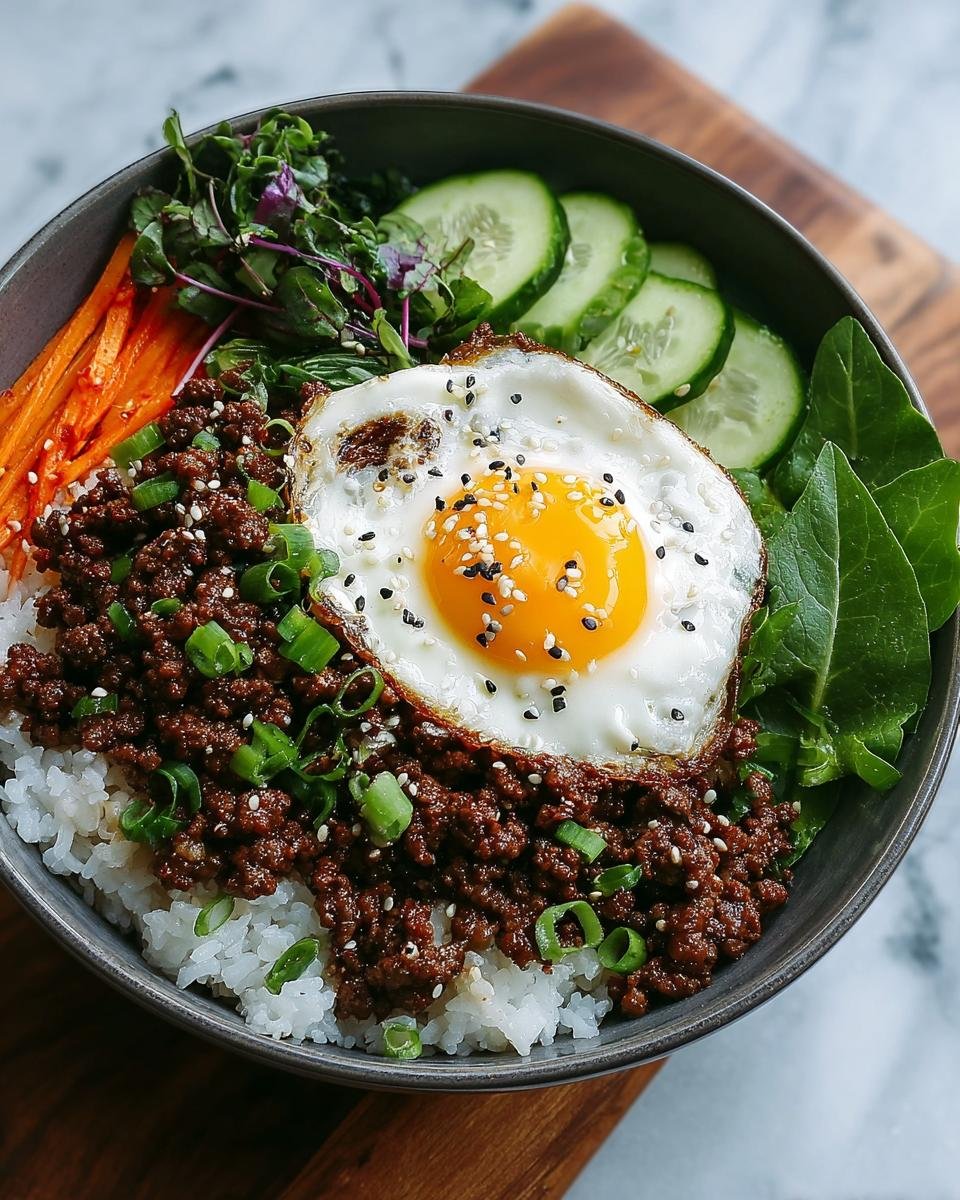 Gros plan d'un bol de Bœuf Haché Coréen sur du riz, garni d'un œuf au plat, de concombre, de carottes râpées et d'herbes.