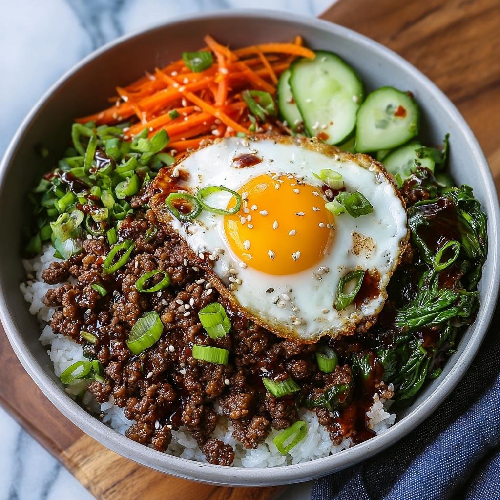 Gros plan d'un bol de Bœuf Haché Coréen sur du riz, garni d'un œuf au plat, de carottes râpées, de concombre et de ciboule.