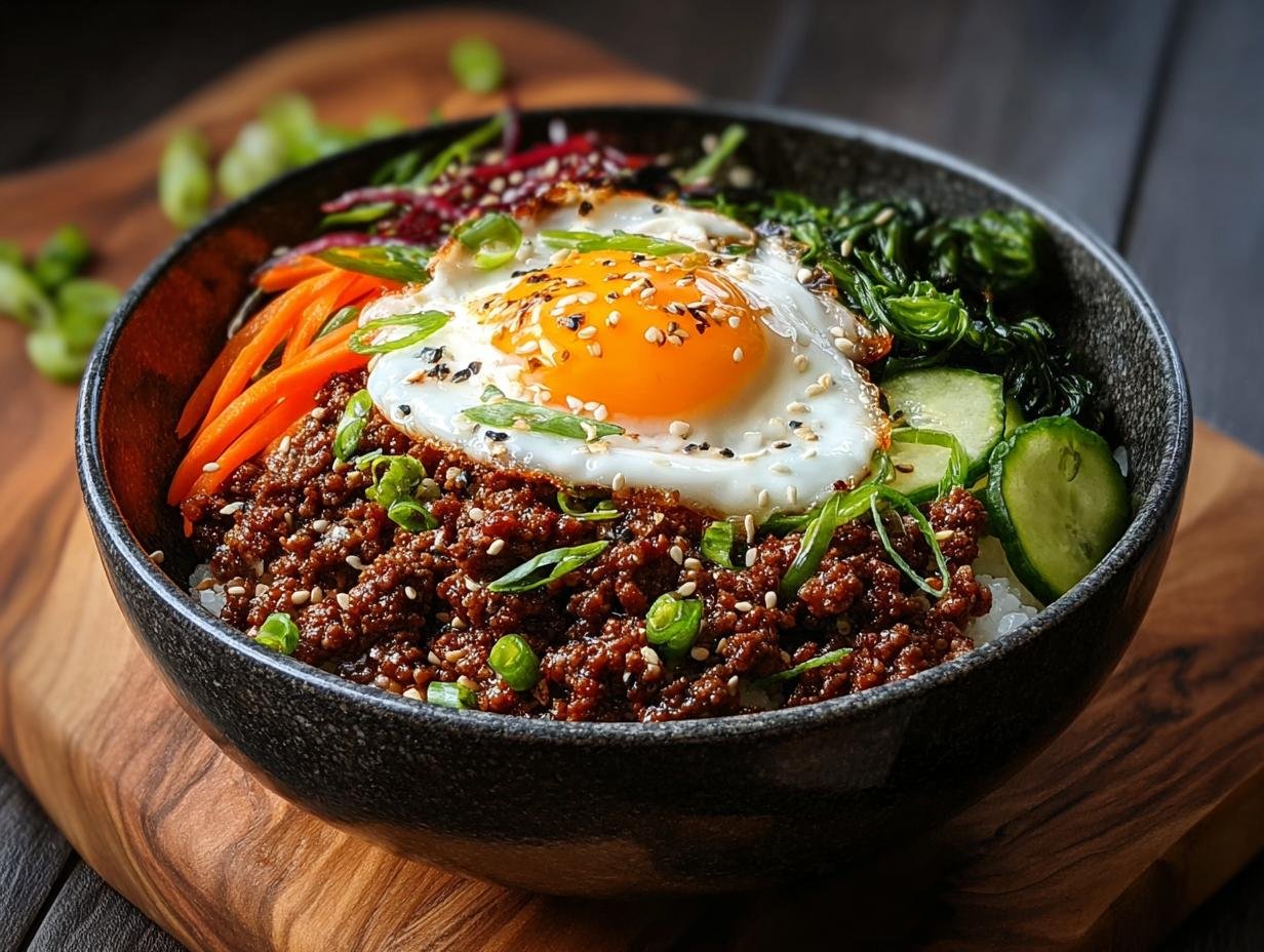 Gros plan d'un bol de bœuf haché coréen garni d'un œuf au plat, de carottes râpées et de concombre.