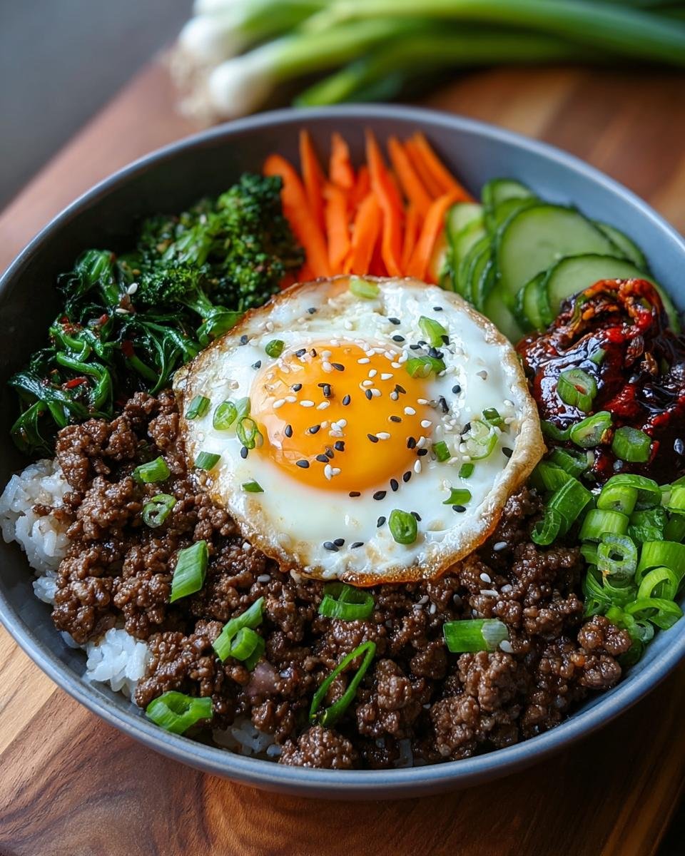 Gros plan d'un bol de Bœuf Haché Coréen sur du riz, garni d'un œuf au plat, de carottes, de concombre, de brocoli et de sauce.