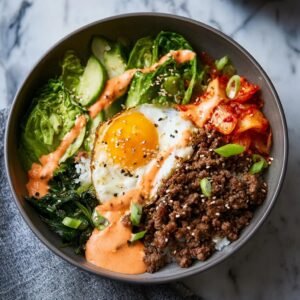 Gros plan d'un bol de Bulgogi Bœuf Haché avec riz, œuf au plat, kimchi, concombre et sauce.