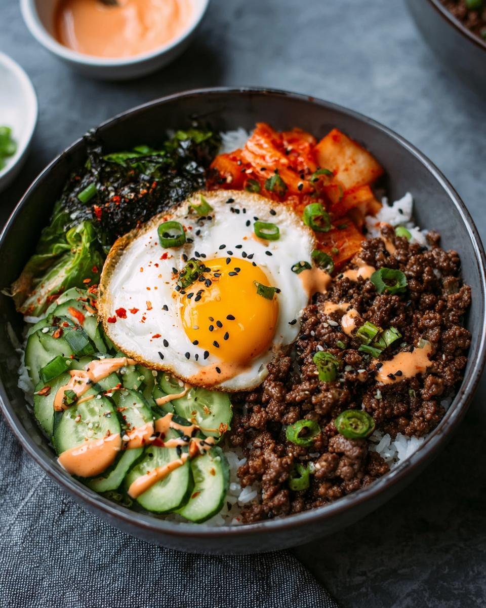 Gros plan d'un bol de Bulgogi bœuf haché avec riz, œuf au plat, kimchi, concombre et algues.