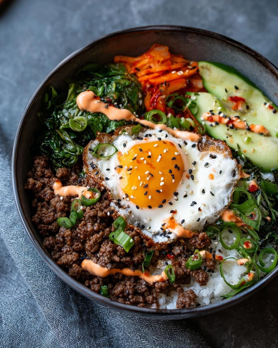 Gros plan d'un bol de Bulgogi Bœuf Haché garni d'un œuf au plat, de kimchi, de concombre et de légumes verts.