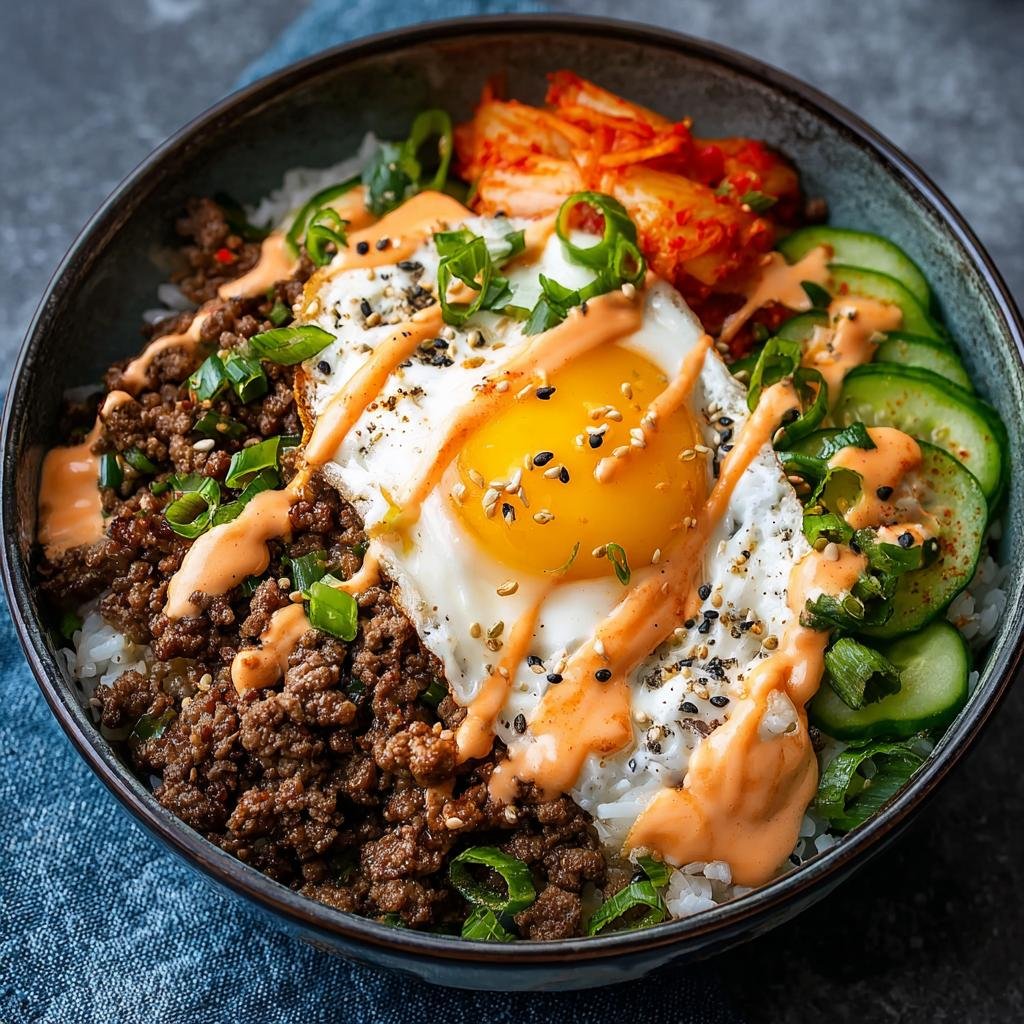 Gros plan d'un bol de Bulgogi de Bœuf Haché, garni d'un œuf au plat, de kimchi, de concombre et de sauce.